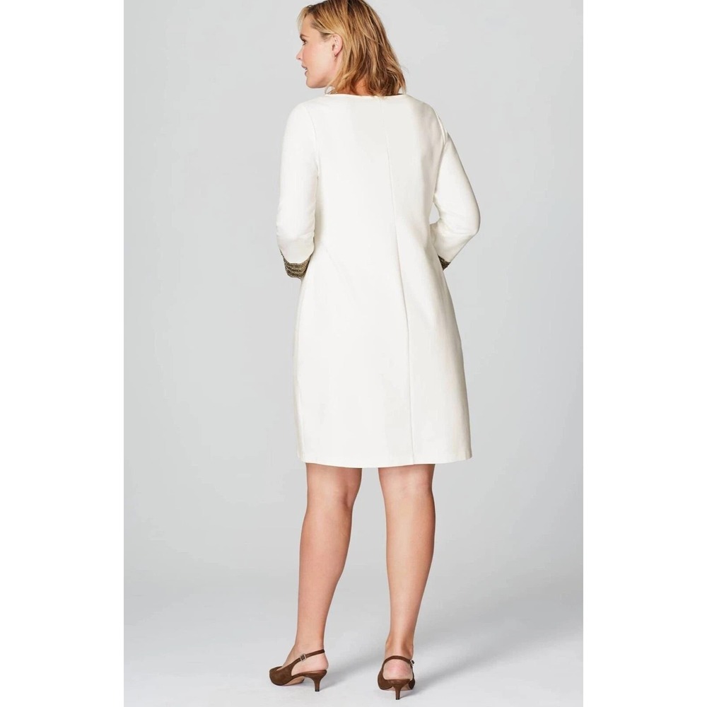 New Christian Siriano x J.Jill Cream Ponte Knit Beaded Cuff Dress Large Tall LT - Picture 14 of 16